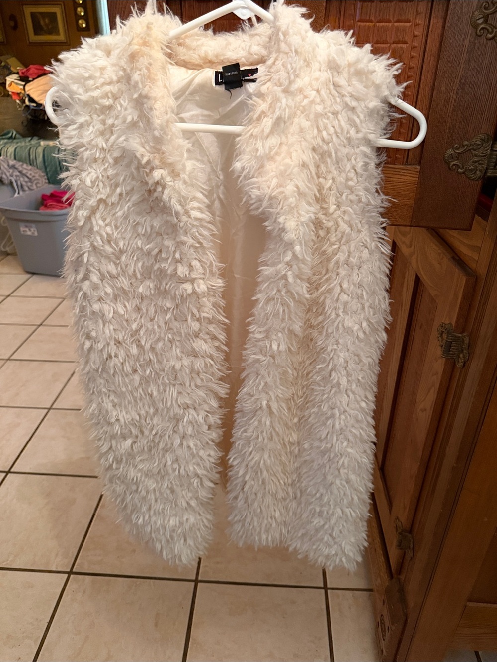 Ladies Off White Faux Fur Long Vest